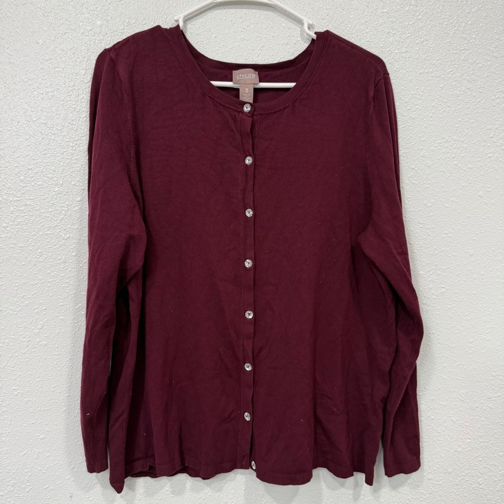 Chicos Cardigan Sweater Size 3 XL Burgundy Wine Button Front Rayon Blend Top